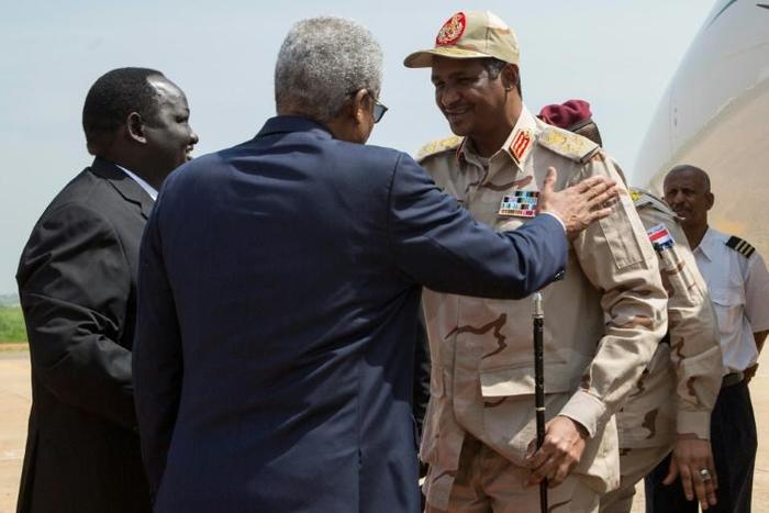 Arriving at the airport in the South Sudanese capital Juba, General Mohamed Hamdan Daglo (R), the deputy chief of Sudan's ruling military council, told reporters he would be holding talks with South Kordofan rebel leader Abdelaziz al-Hilu