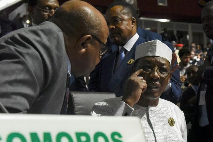Chad's President Idriss Deby, pictured (R) July 7, 2019, has said he was lifting social media restrictions imposed more than a year ago for "security reasons"