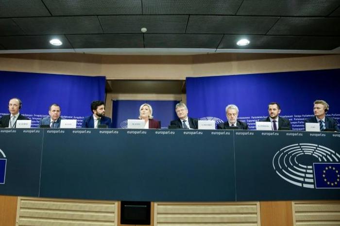 Members of the far-right group in the European Union parliament give a press conference in Brussels on June 13, 2019