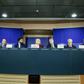 Members of the far-right group in the European Union parliament give a press conference in Brussels on June 13, 2019