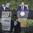 Ibraheem Samirah, a Democratic Virginia assemblyman, protests during US President Donald Trump's speech