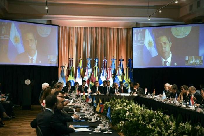 Venezuela's opposition leader Juan Guaido spoke to the Lima Group meeting in Buenos Aires by video link
