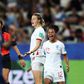 England forward Ellen White celebrates with number 12 Demi Stokes after scoring her second goal in the 2-0 win over Japan
