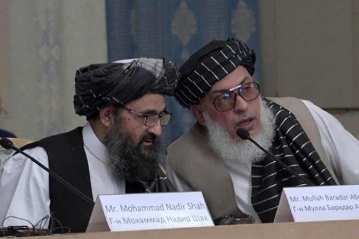 Mullah Abdul Ghani Baradar (L) and Stanikzai Sher Mohammad Abbas Abbas, of the Afghan Taliban, during May, 2019 talks in Moscow with leading Afghan politicians -- but not the Kabul administration