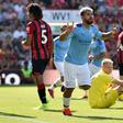 Manchester City striker Sergio Aguero celebrates scoring at Bournemouth