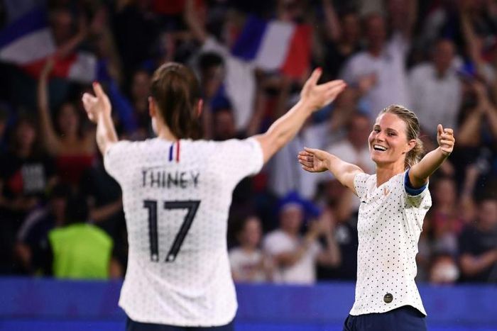 Gaetane Thiney goes to celebrate with Amandine Henry after the latter's goal gave hosts France victory over Brazil at the women's World Cup on Sunday