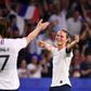 Gaetane Thiney goes to celebrate with Amandine Henry after the latter's goal gave hosts France victory over Brazil at the women's World Cup on Sunday