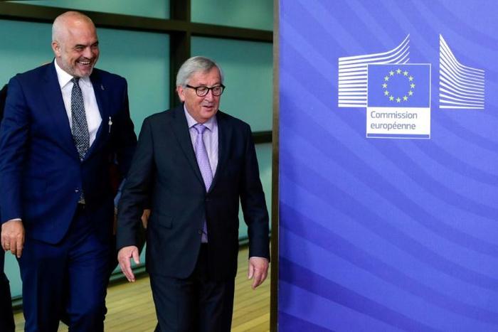 European Commission President Jean Claude Juncker receives Albania's Prime Minister Edi Rama (L) at the European Commission Headquarters on June 11, 2019, in Brussels