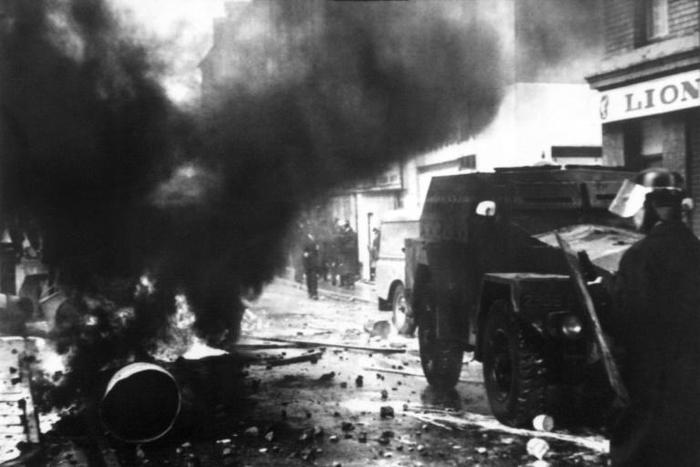 Police fire tear gas in Londonderry on August 13, 1969, the second day of rioting by protesting Catholics which led to the deployment of British troops