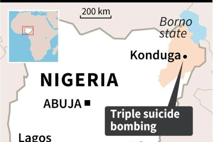 Map of Nigeria locating the town of Konduga, hit by a triple suicide bombing late Sunday.