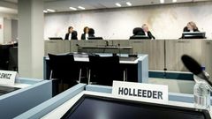 A sign with the name of Willem Holleeder is displayed in the heavily secured Bunker prior to his receiving a life sentence for ordering the murder of five people