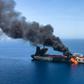 A picture obtained by AFP from Iranian News Agency ISNA on June 13, 2019 reportedly shows fire and smoke billowing from the Norwegian-owned Front Altair tanker, one of two vessels hit by suspected attacks in the waters of the Gulf of Oman