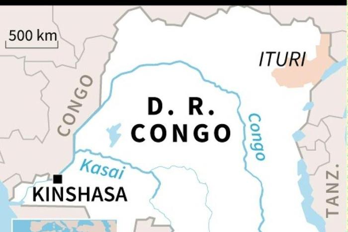 Map locating Ituri province in DR Congo, where at least 50 people have been killed in recent violence