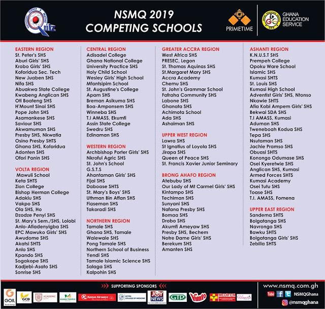 Schools qualified for NSMQ 2019