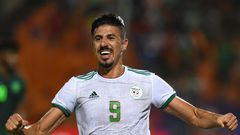 Forward Baghdad Bounedjah celebrates a 2-1 victory over Nigeria that qualified Algeria for the 2019 Africa Cup of Nations final in Cairo