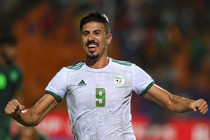 Forward Baghdad Bounedjah celebrates a 2-1 victory over Nigeria that qualified Algeria for the 2019 Africa Cup of Nations final in Cairo