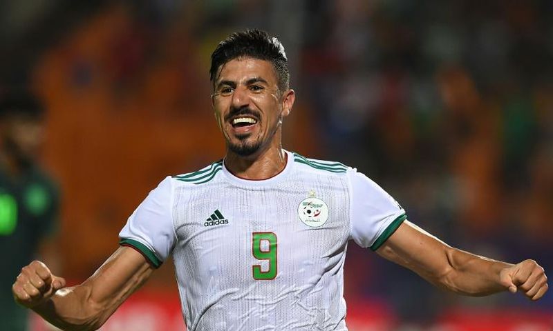 Forward Baghdad Bounedjah celebrates a 2-1 victory over Nigeria that qualified Algeria for the 2019 Africa Cup of Nations final in Cairo