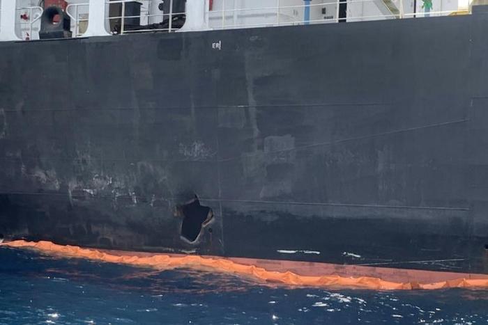 A picture taken during a guided tour by the US Navy (NAVCENT) shows the damage in the hull of the Japanese oil tanker Kokuka Courageous off the port of the Gulf emirate of Fujairah on June 19, 2019