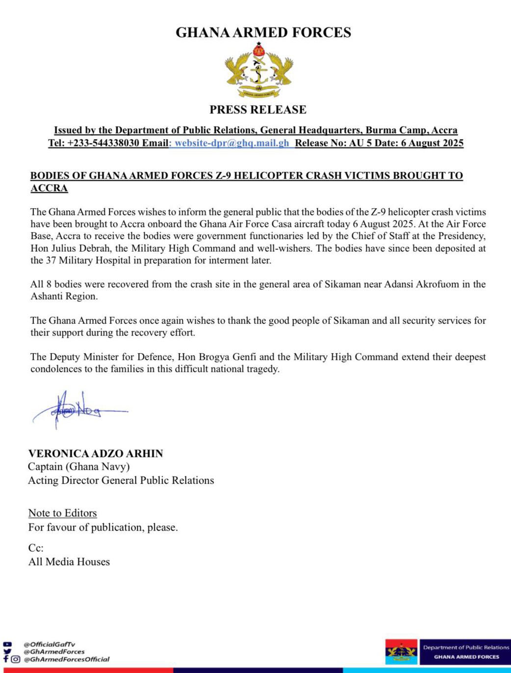 3-day national mourning begins for Omane Boamah, Murtala Mohammed, and 6 other helicopter crash victims