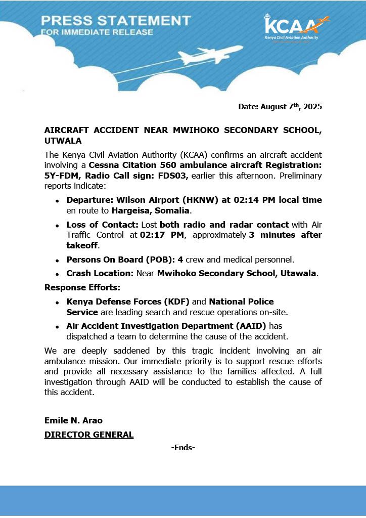 Just In: 6 killed as aircraft crashes in Nairobi, Kenya