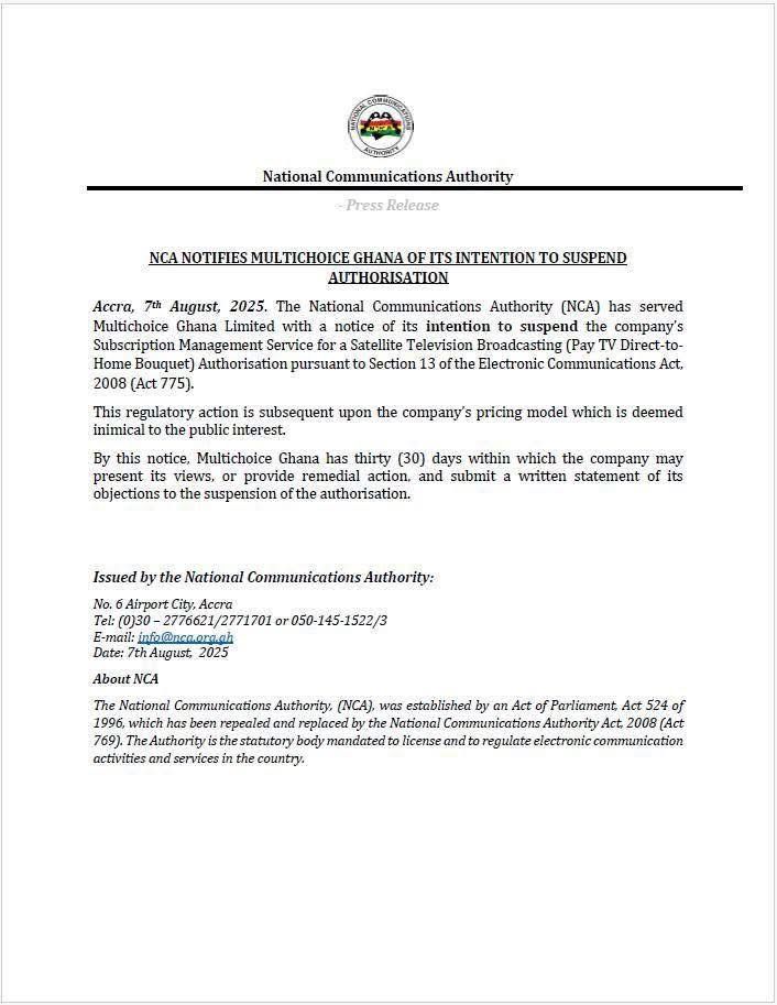 NCA issues suspension notice to DStv Ghana, orders response within 30 days