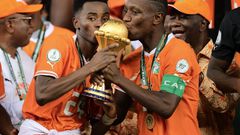 Celebrating the win in the most global AFCON ever. Simon Adingra and Max Gradel of the Ivory Coast (Photo courtesy: CAF Online official X account