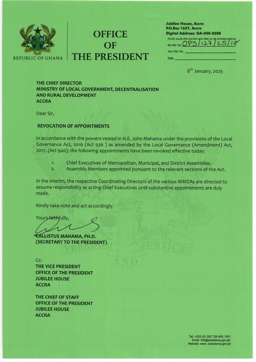 President Mahama revokes MMDCE and assembly members’ appointments