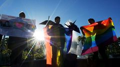 A Russian court has ruled that two popular LGBT groups be blocked for "anti-family values;" pictured are several Gay right activists on World Day Against Homophobia and Transophobia in Saint Petersburg on May 17, 2019