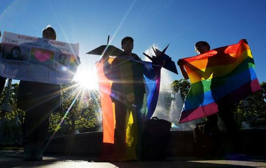 A Russian court has ruled that two popular LGBT groups be blocked for "anti-family values;" pictured are several Gay right activists on World Day Against Homophobia and Transophobia in Saint Petersburg on May 17, 2019