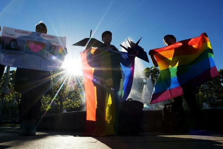 A Russian court has ruled that two popular LGBT groups be blocked for "anti-family values;" pictured are several Gay right activists on World Day Against Homophobia and Transophobia in Saint Petersburg on May 17, 2019