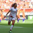 Denmark's Nadia Nadim celebrates a goal against the Dutch in the Euro 2017 final. The Netherlands would go on to beat the Danes 4-2