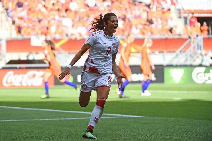 Denmark's Nadia Nadim celebrates a goal against the Dutch in the Euro 2017 final. The Netherlands would go on to beat the Danes 4-2