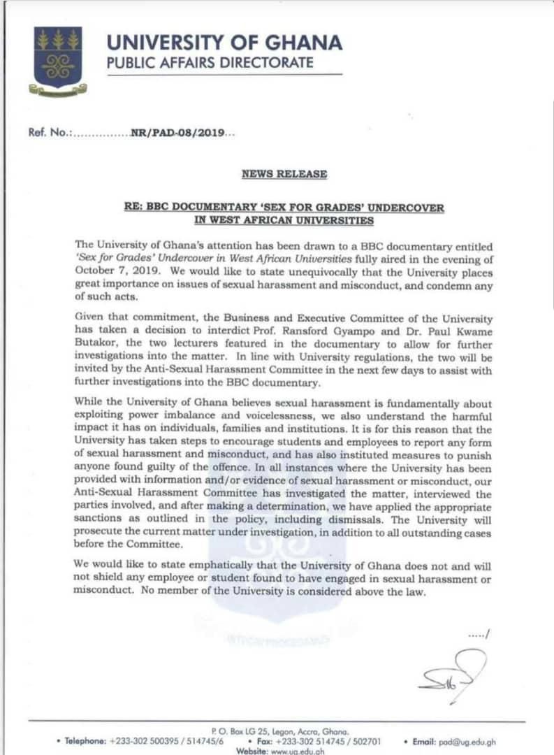 University of Ghana officially responds to ‘Sex for Grades’ scandal