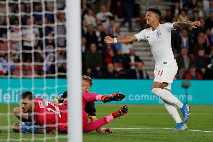 Teenage dreams: Jadon Sancho, 19, scored his first two England goals against Kosovo