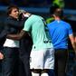 Inter Milan coach Antonio Conte (L) congratulates Romelu Lukaku who scored a double
