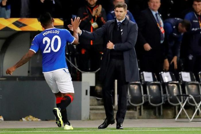Alfredo Morelos (left) scored twice to send Steven Gerrard's Rangers into the Scottish League Cup final