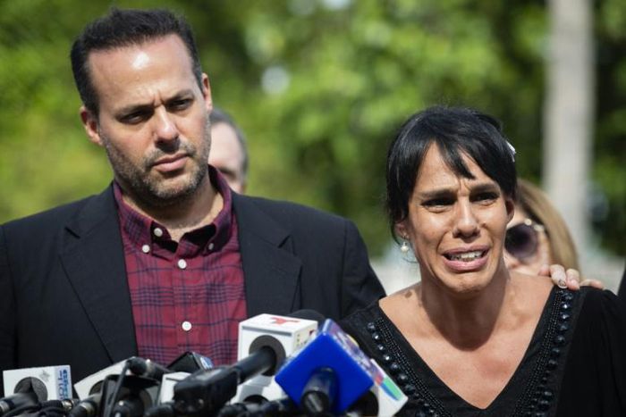 Marysol Sosa, daughter of the late singer Jose Jose, speaks during a news conference with her brother José Joel Sosa, at Bayfront Park in Miami on October 1, 2019