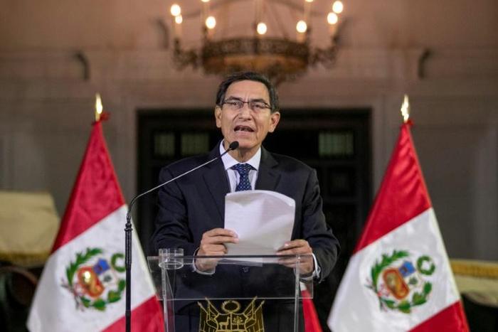 Peruvian President Martin Vizcarra is shown in a handout photo announcing the dissolution of Congress on September 30, 2019 in Lima