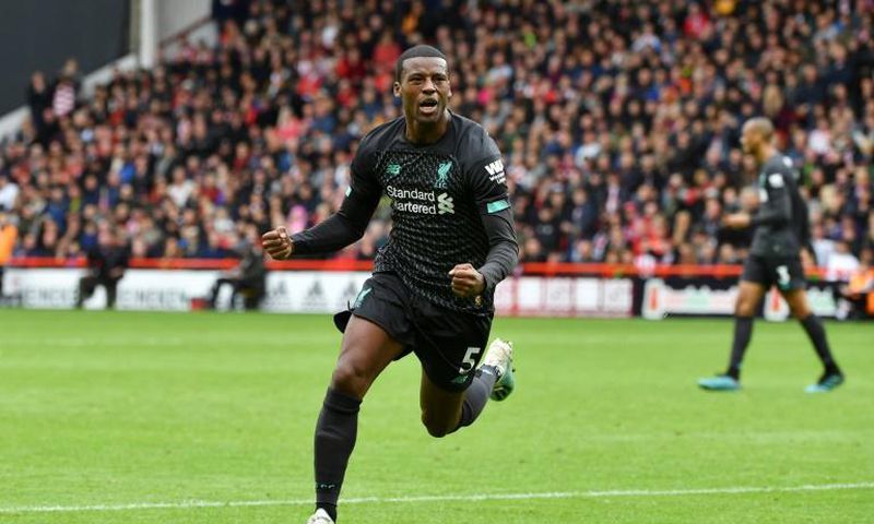 Liverpool midfielder Georginio Wijnaldum celebrates his winner at Sheffield United