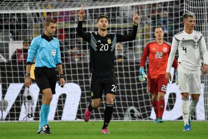 Lucas Alario (C) played a key role in Argentina's 2-2 draw against Germany in Dortmund on Wednesday when he came on to score with a header, then set up the equaliser.
