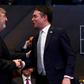 Greek NATO representative Spiros Lambridis (L) shakes hands with Macedonian Foreign Minister Nikola Dimitrov after the signature ceremony of the accession protocol between the Republic of North Macedonia and NATO on February 6, 2019