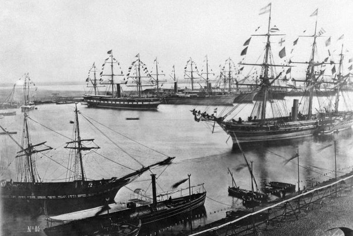A file photo from November 1869 shows the inauguration of the Suez Canal in Egypt, which opened after a decade-long construction to link the Mediterranean to the Red Sea