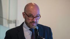 The UN's human rights chief in Colombia, Alberto Brunori, presents the UN's annual report on human rights in Colombia at a news conference in Bogota on Thursday