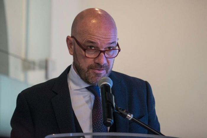 The UN's human rights chief in Colombia, Alberto Brunori, presents the UN's annual report on human rights in Colombia at a news conference in Bogota on Thursday