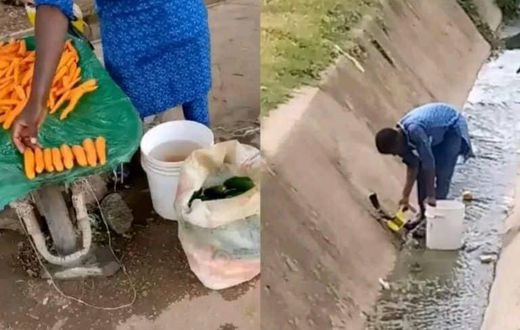 Carrot seller caught washing them in a dirty gutter (video)