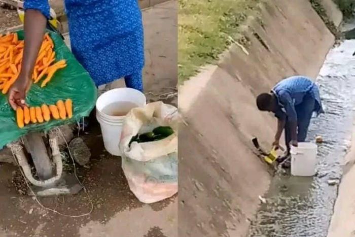 Carrot seller caught washing them in a dirty gutter (video)
