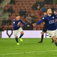 Jamie Vardy celebrates his team's ninth goal