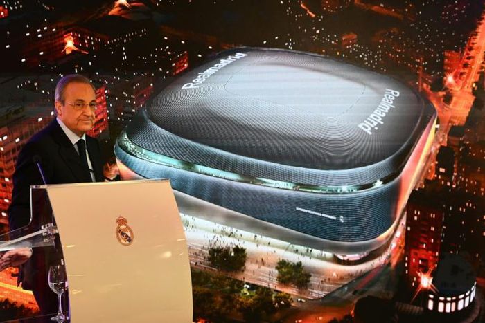 Real Madrid's Florentino Perez attends the unveiling of plans for the renovation of the Santiago Bernabeu stadium