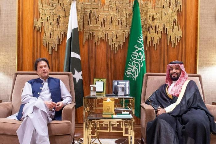 A picture provided by the Saudi Royal Palace shows Crown Prince Mohammed bin Salman (R) during his meeting with Pakistan's Prime Minister Imran Khan in the capital Riyadh on October 15, 2019
