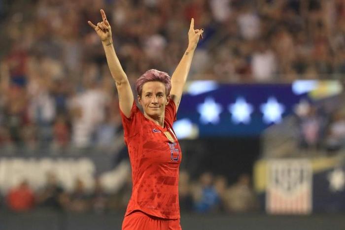 Megan Rapinoe reacts after a goal by teammate Allie Long in the United States' 2-0 friendly football win over South Korea in Charlotte, North Carolina